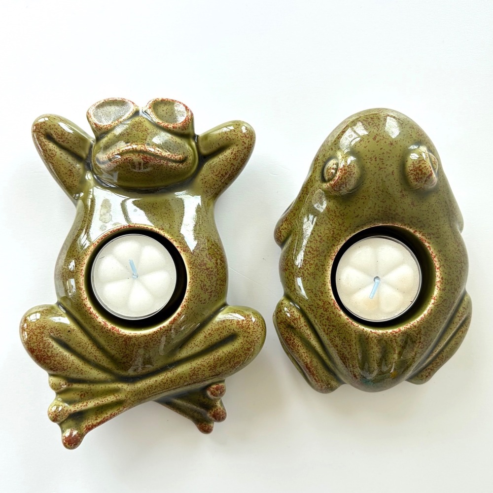 PartyLite Ceramic Frog Tea Light Candle Holder Set Green Speckled Vintage 2pc